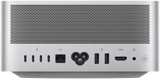 Vista trasera del Mac Studio con cuatro puertos Thunderbolt 4, un puerto Ethernet de 10 Gb, un conector para el cable de corriente, dos puertos USB-A, un puerto HDMI, una toma para auriculares de 3,5 mm y el botón de encendido