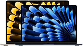 Vista frontal de los modelos del MacBook Air de 13 y 15 pulgadas donde se muestra el tamaño de las pantallas medido en diagonal